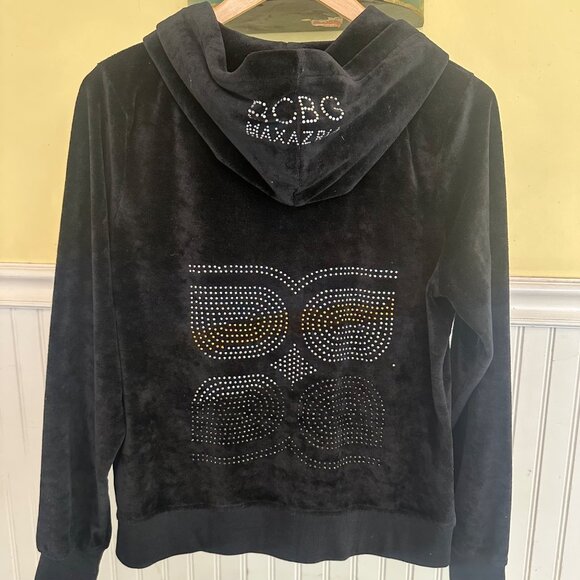 BCBG Max Azria Y2K Black Velvet Hoodie Jacket W/ Rhinestone Logo XL - Picture 3 of 6